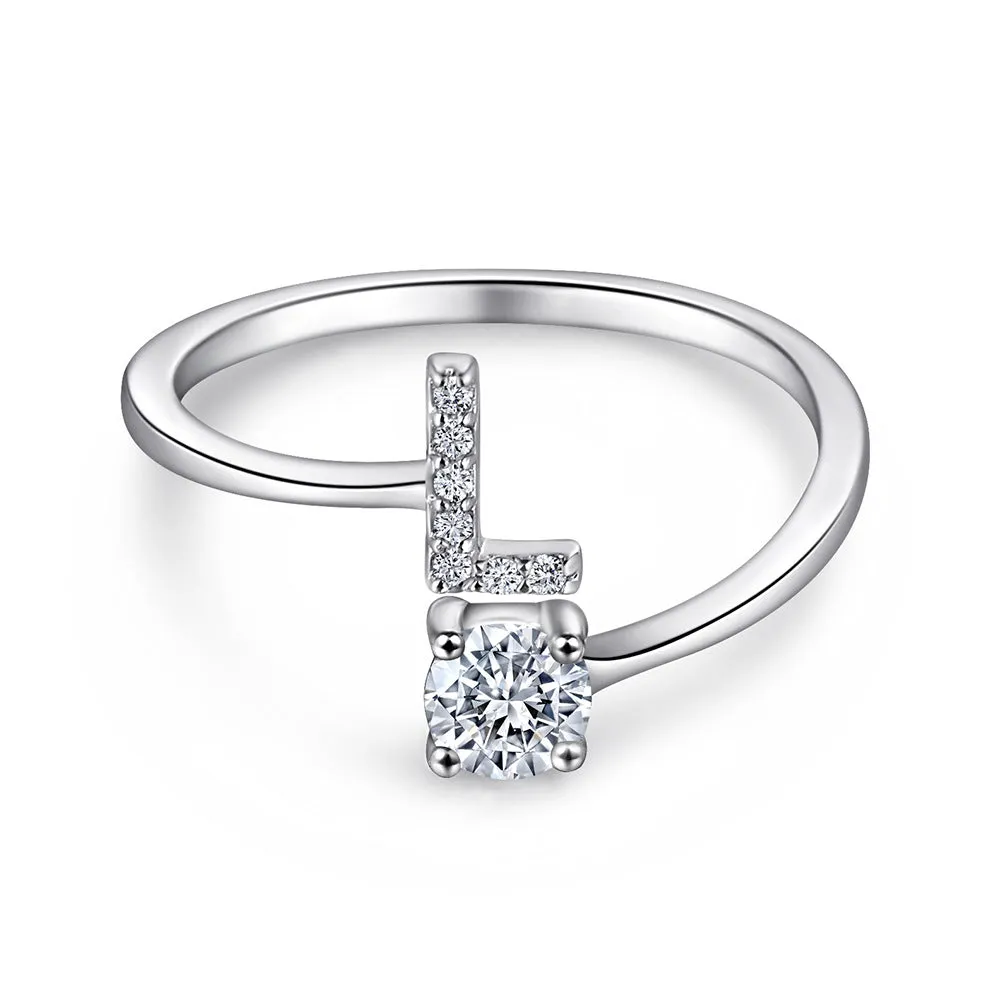 26 Letters with Round Zircon Silver Ring for Women