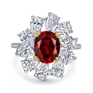 (3CT) Ice Cut Oval Red Zircon with Pear Drop Zircon Flower Silver Ring for Women