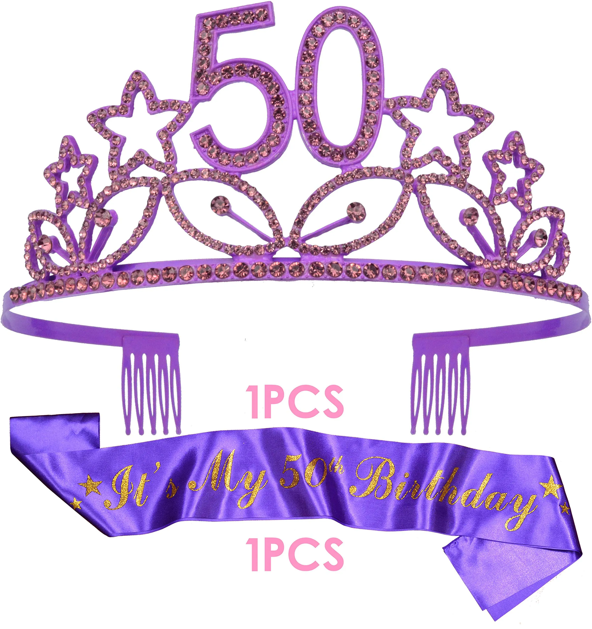 50th Birthday Gifts for Woman, 50th Birthday Tiara and Sash purple, HAPPY 50th Birthday