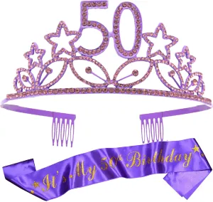 50th Birthday Gifts for Woman, 50th Birthday Tiara and Sash purple, HAPPY 50th Birthday