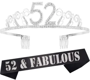 52nd Birthday Gifts for Woman, 52nd Birthday Tiara and Sash Silver, HAPPY 52nd Birthday