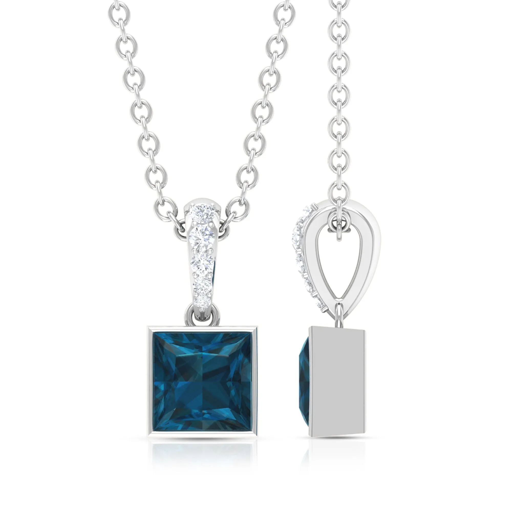 6 MM Princess Cut London Blue Topaz Solitaire Pendant with Diamond Accent Bail