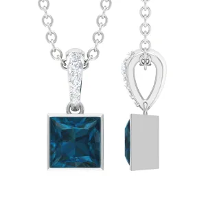 6 MM Princess Cut London Blue Topaz Solitaire Pendant with Diamond Accent Bail