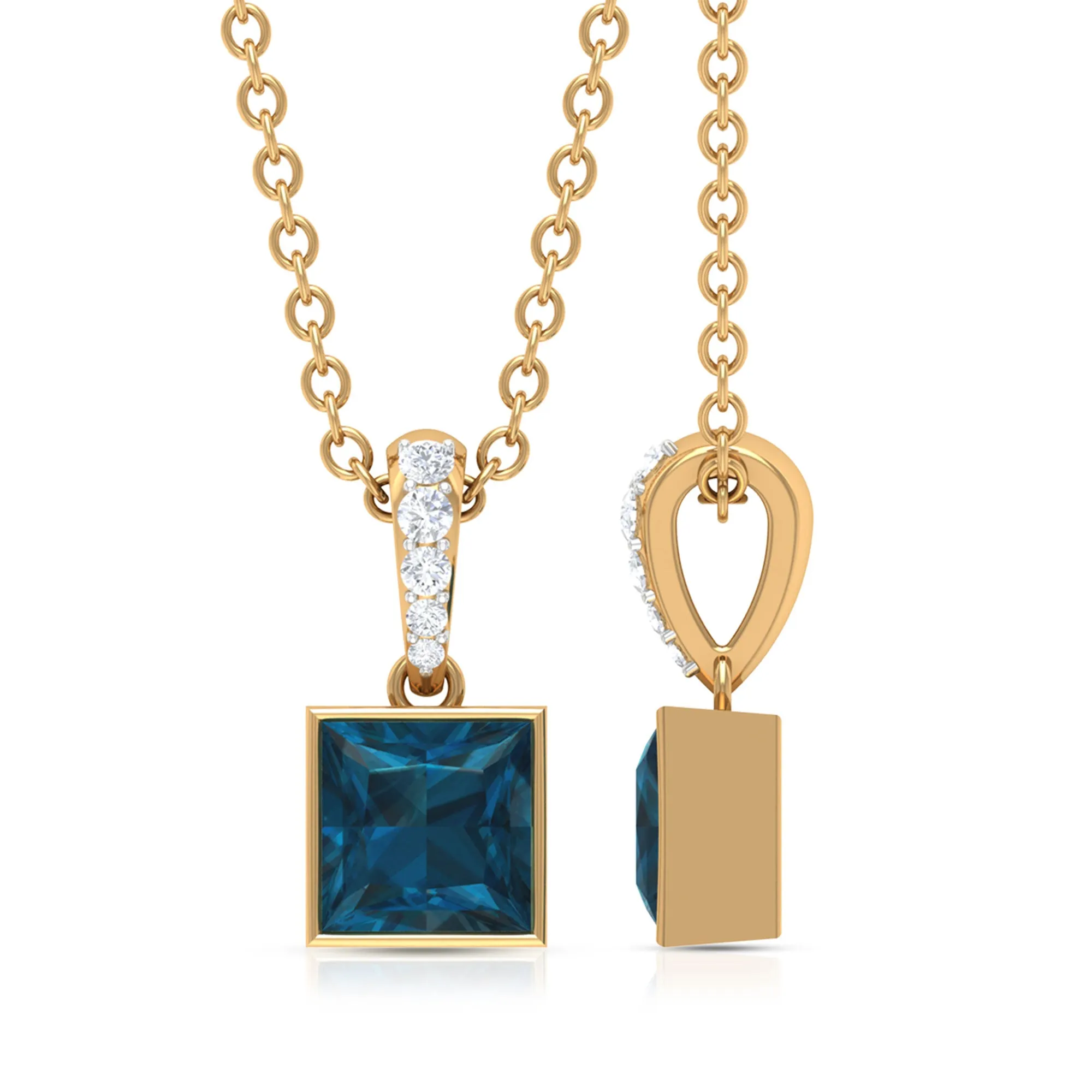 6 MM Princess Cut London Blue Topaz Solitaire Pendant with Diamond Accent Bail