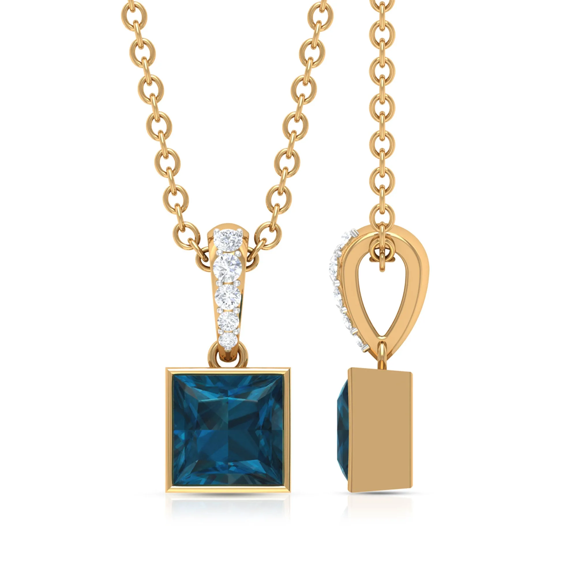 6 MM Princess Cut London Blue Topaz Solitaire Pendant with Diamond Accent Bail