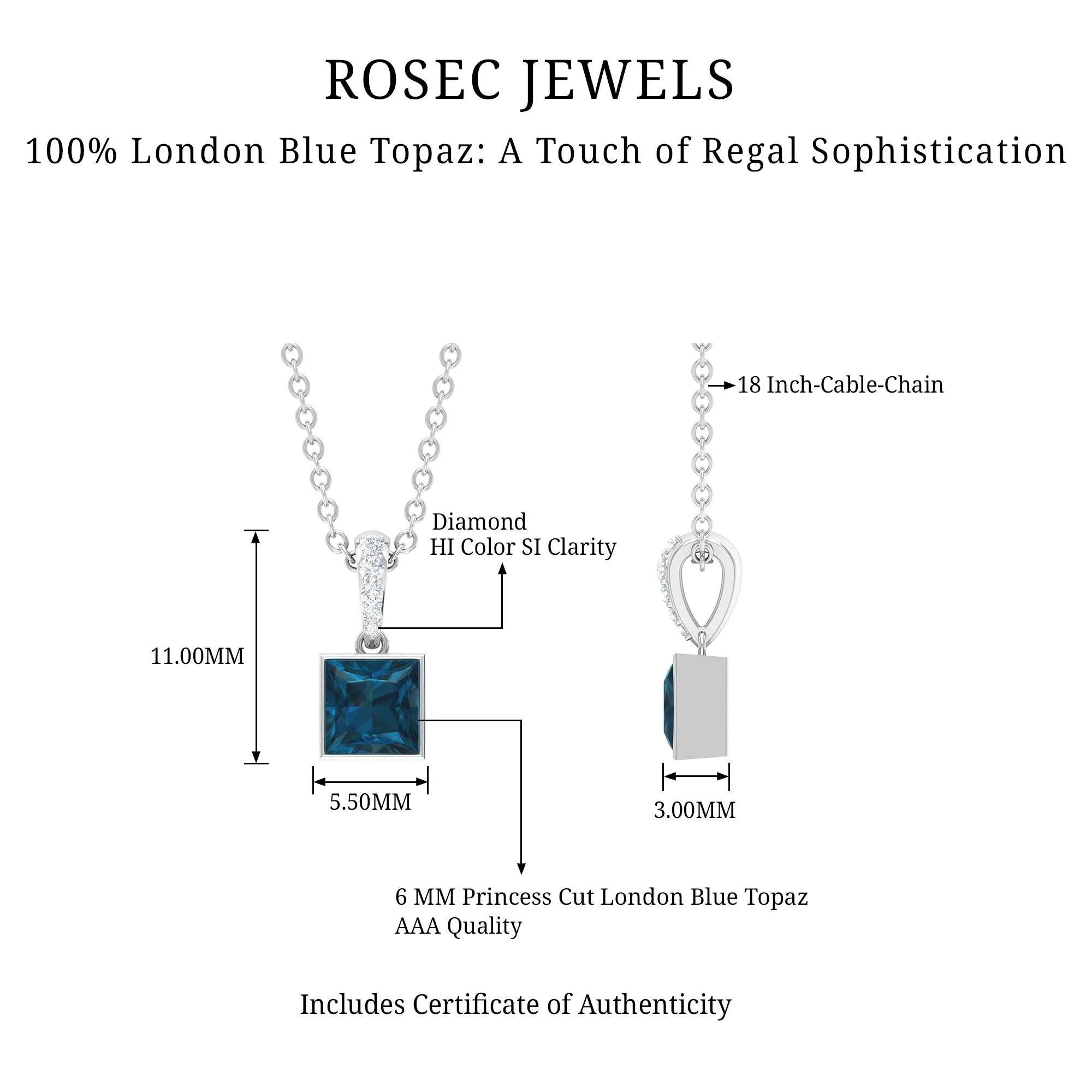 6 MM Princess Cut London Blue Topaz Solitaire Pendant with Diamond Accent Bail