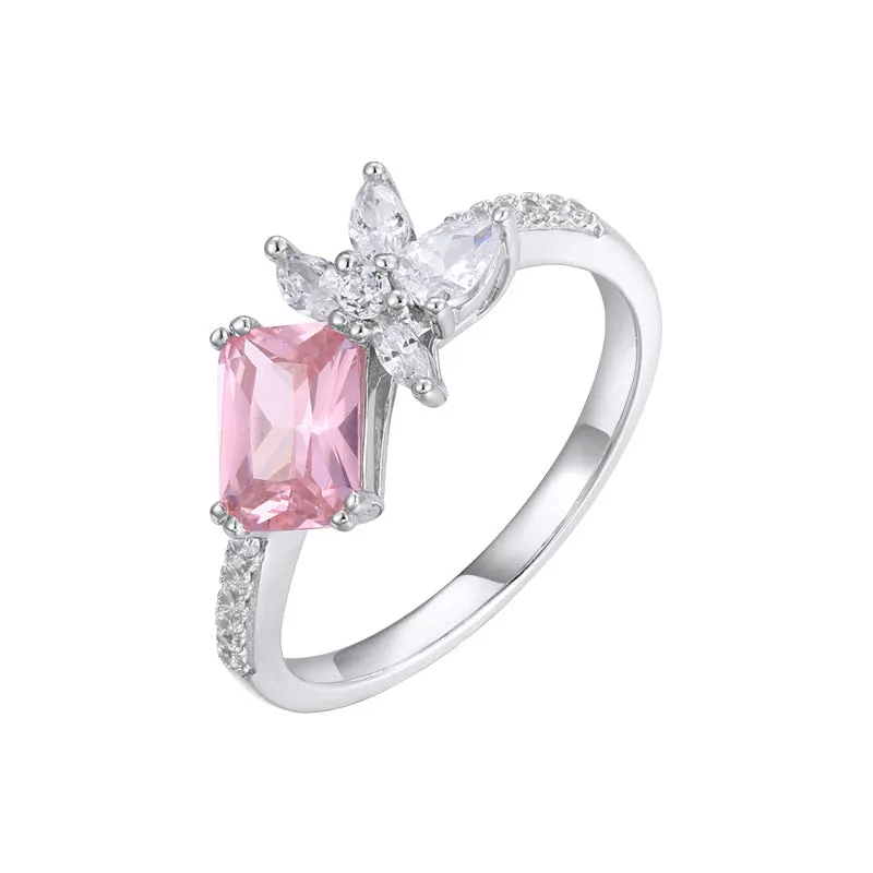 7*5mm Barbie Pink Zircon with Flower Silver Ring for Women