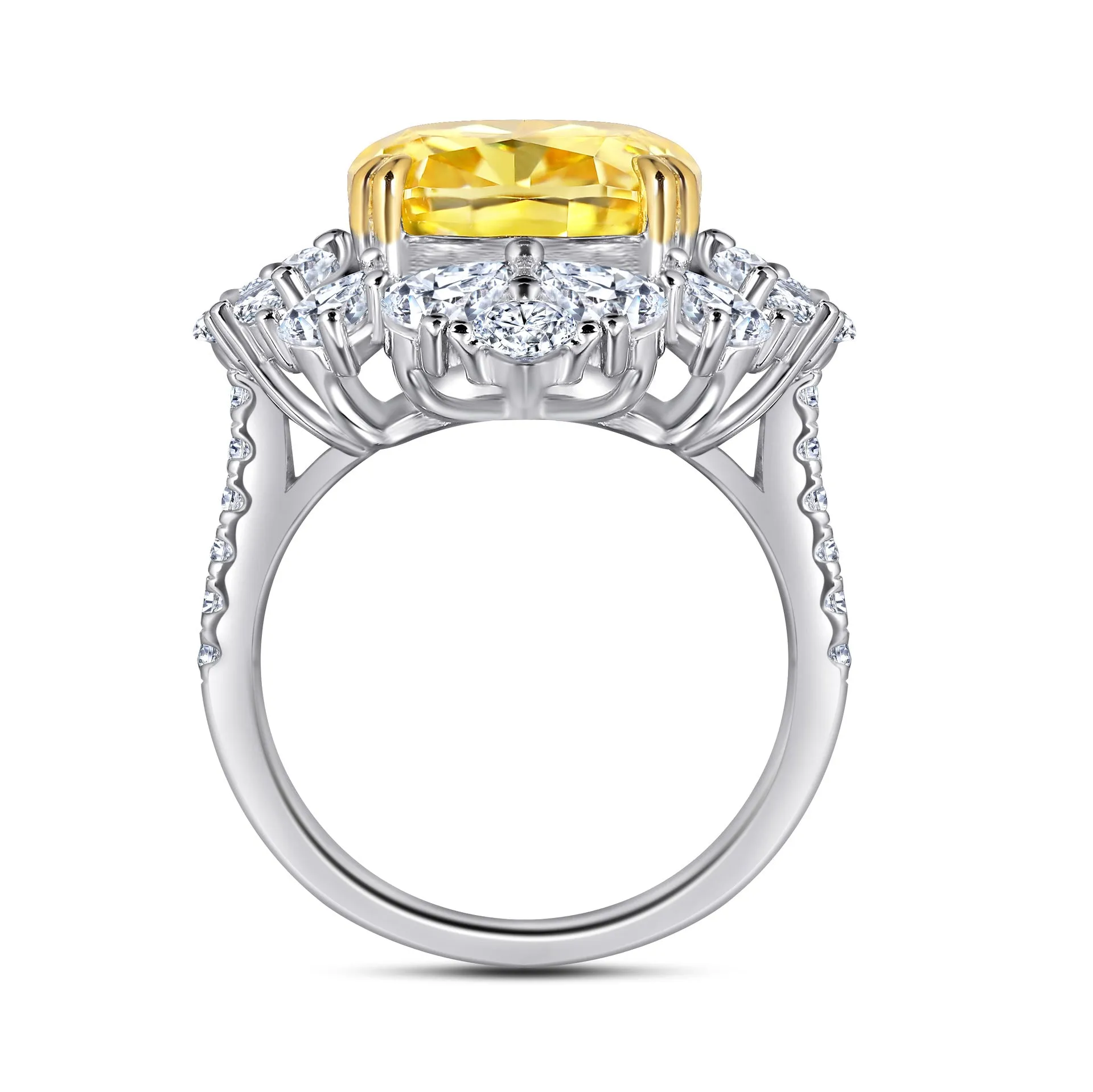 (7CT) Ice Cut Yellow Cushion Zircon Flower Silver Ring for Women