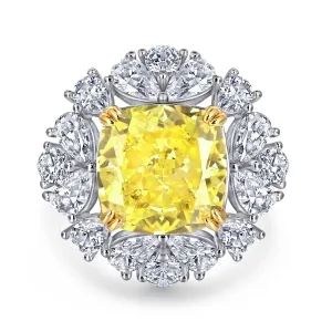 (7CT) Ice Cut Yellow Cushion Zircon Flower Silver Ring for Women