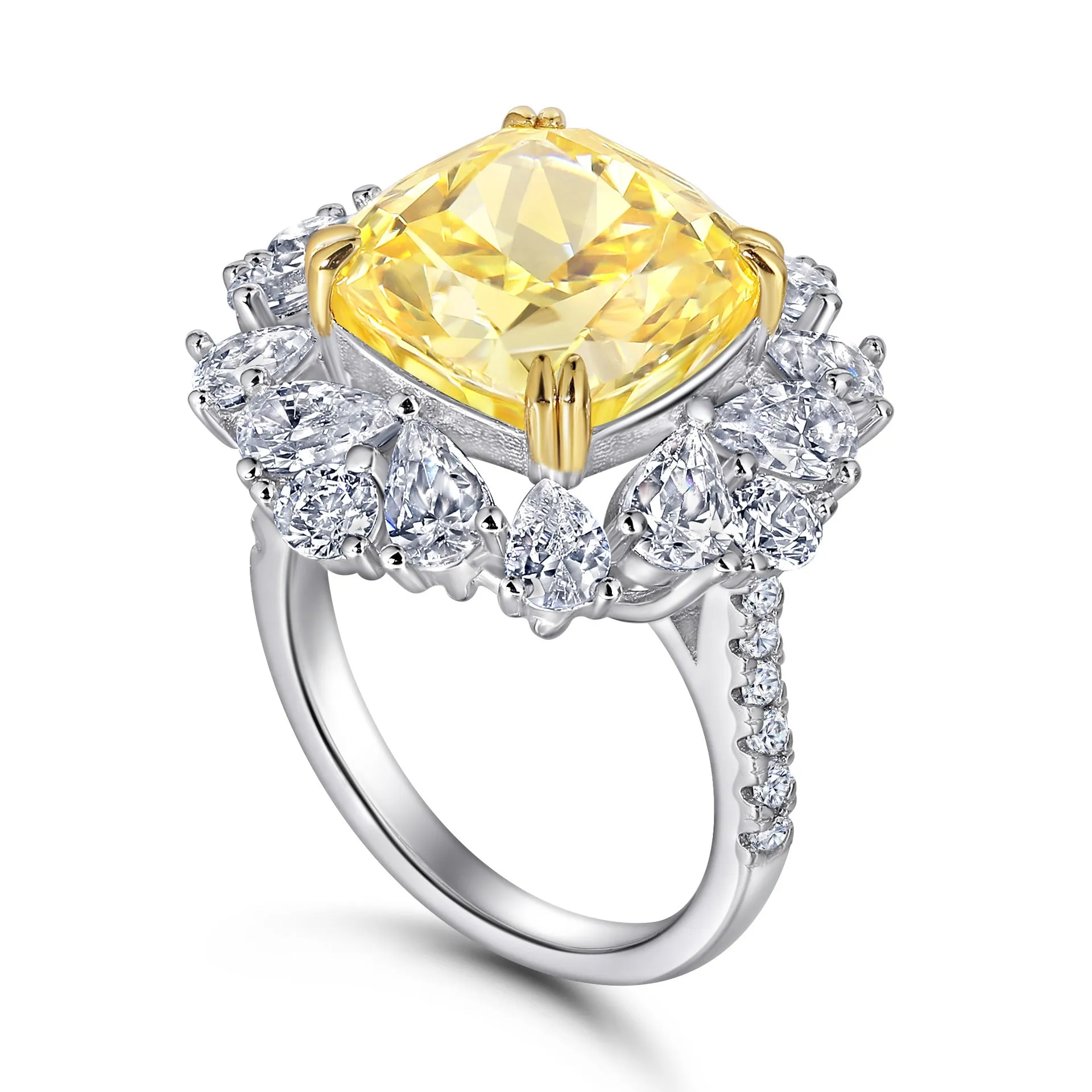 (7CT) Ice Cut Yellow Cushion Zircon Flower Silver Ring for Women