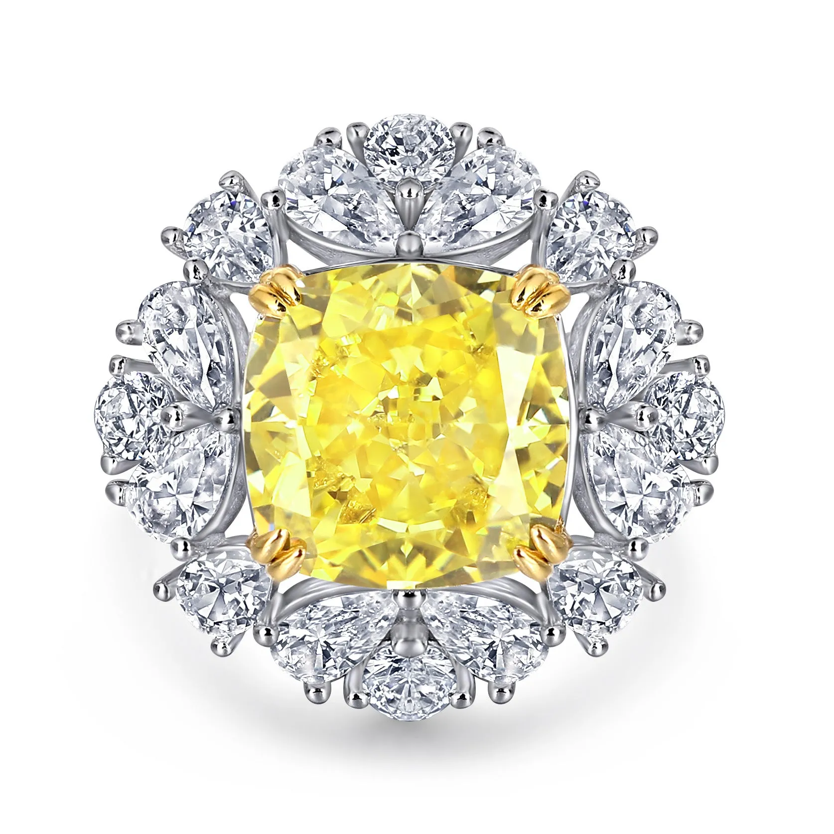 (7CT) Ice Cut Yellow Cushion Zircon Flower Silver Ring for Women