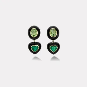 9.4ct Oval Green Tourmaline and 6.37 Heart Emeralds in Black Jade Lollipop Earrings