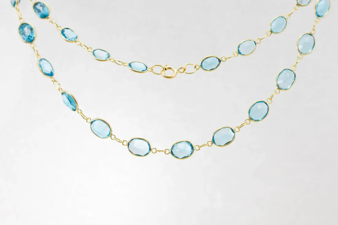 9ct Yellow Gold Blue Topaz Graduated Line Necklace