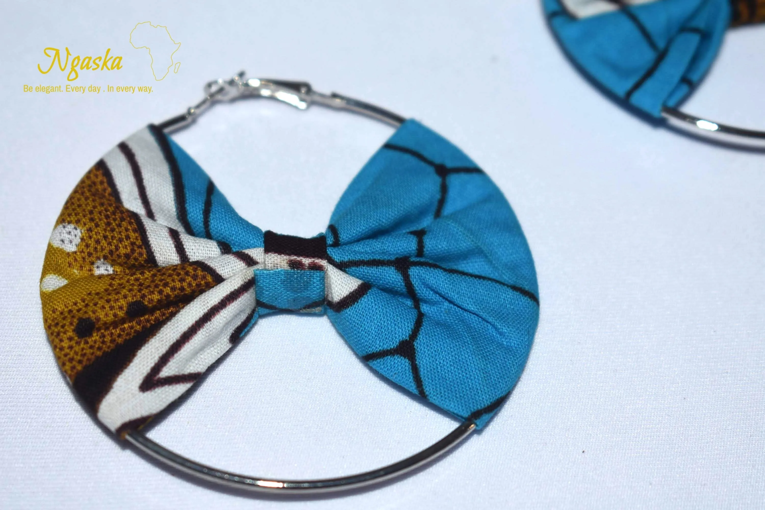 African Print Creole Hoop Earrings, Baby Blue - ER20