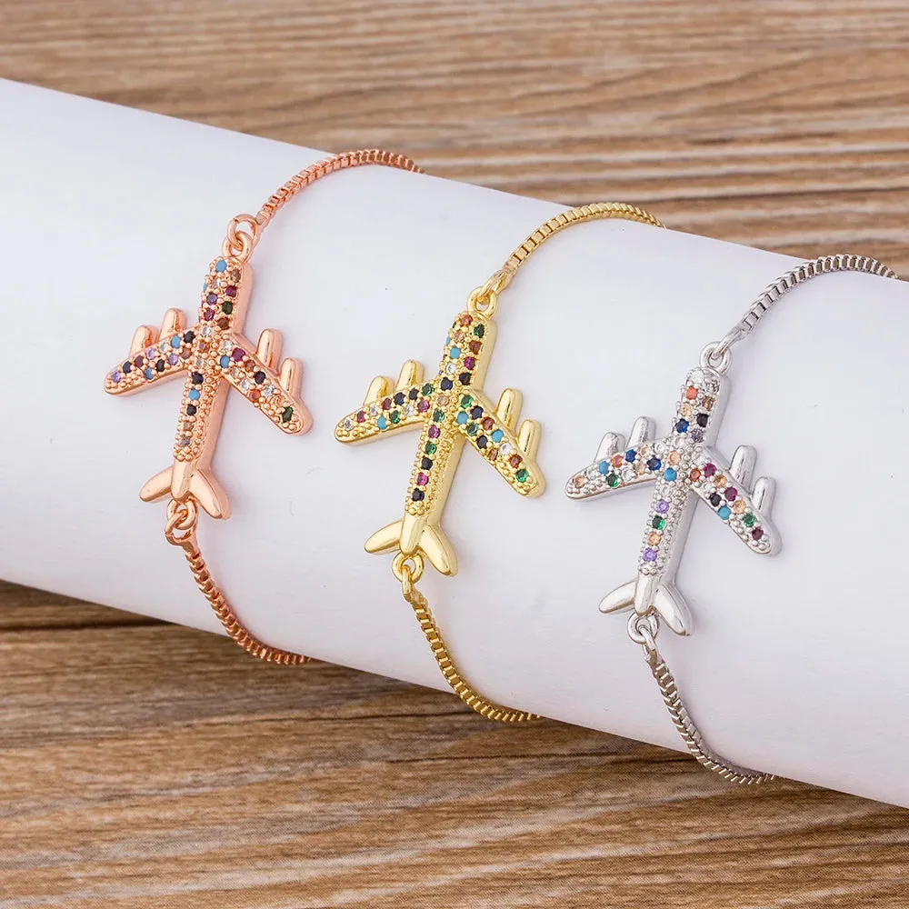 AIBEF Rose Gold Silver Color Airplane Adjustable Bracelet Bangle Copper Chain Zircon Bracelet Women Jewelry Girl Decoration Gift