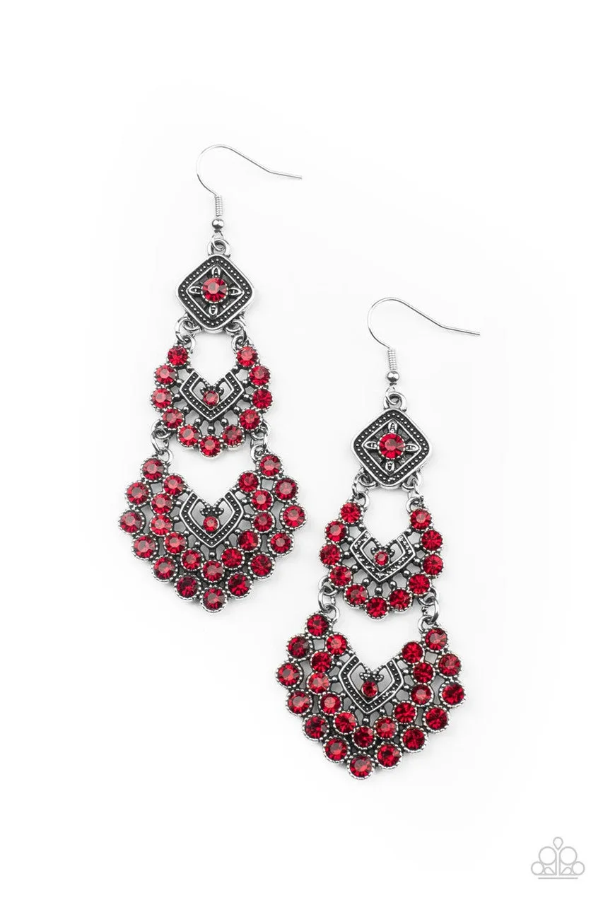 All for the GLAM - Red - Rhinestone Chandelier Paparazzi Fishhook Earrings