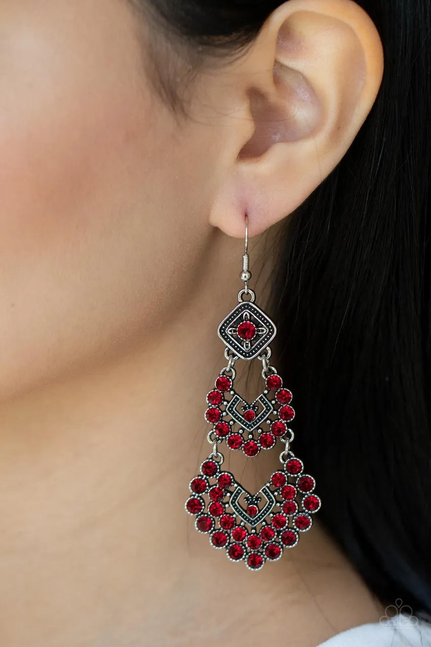 All for the GLAM - Red - Rhinestone Chandelier Paparazzi Fishhook Earrings