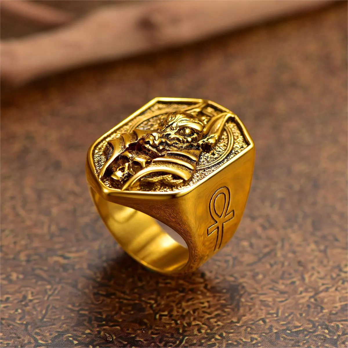 Ancient Egyptian Anubis Signet Ring With Ankh Cross for Men