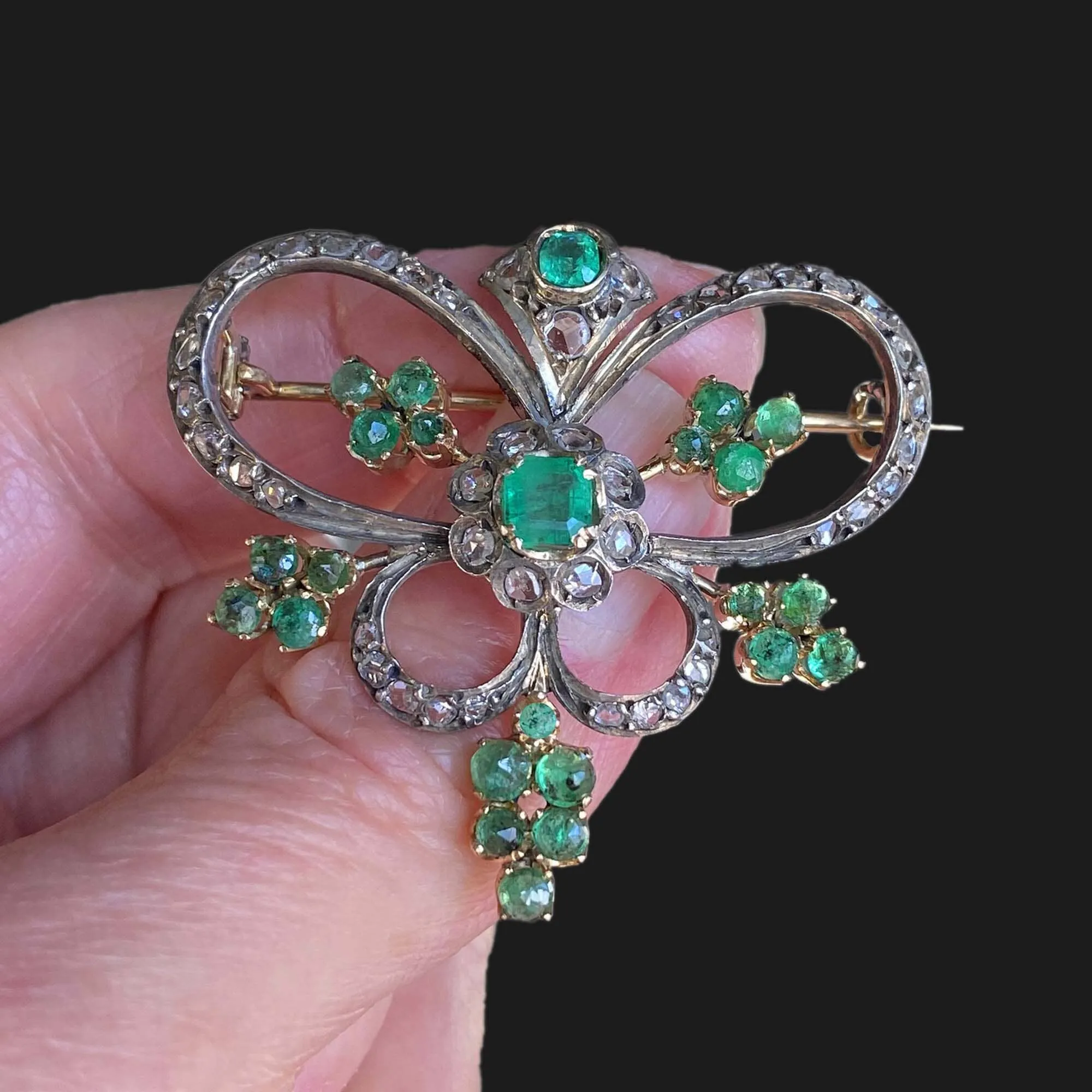 Antique Rose Cut Diamond Emerald Butterfly Brooch