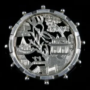 Antique Victorian Oriental Scene Silver Brooch Circa 1900