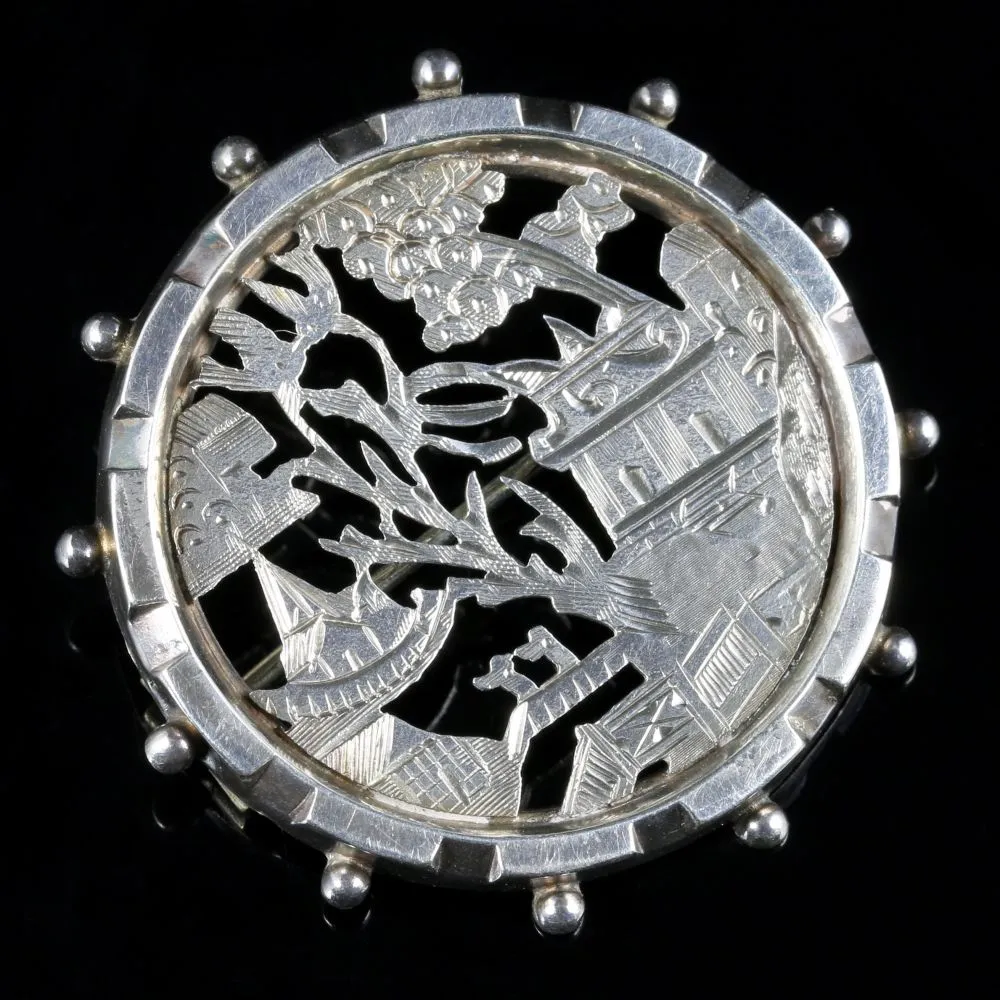 Antique Victorian Oriental Scene Silver Brooch Circa 1900