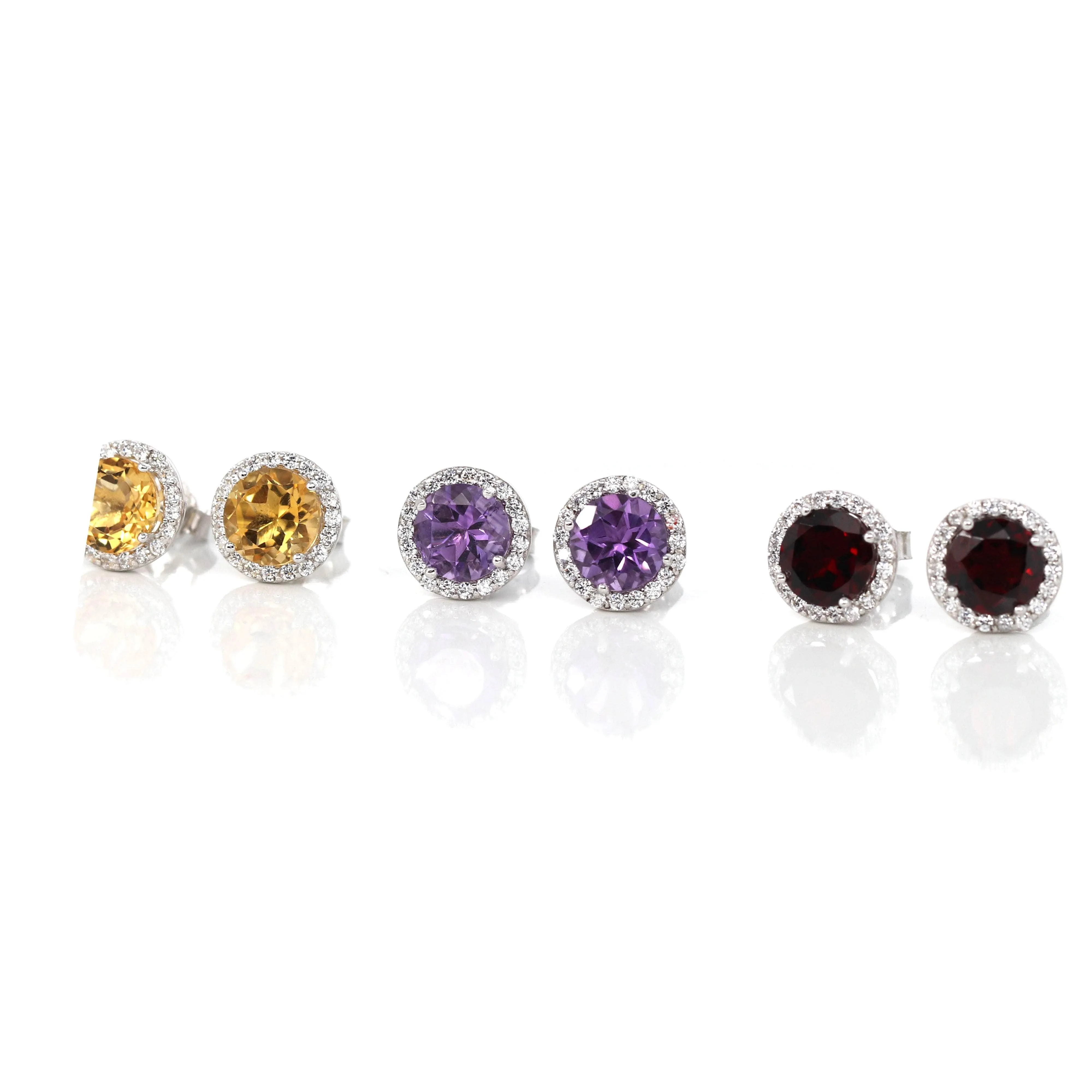 Baikalla™ Classic Sterling Silver Natural Amethyst Topaz Garnet Citrine Stud Earrings With CZ