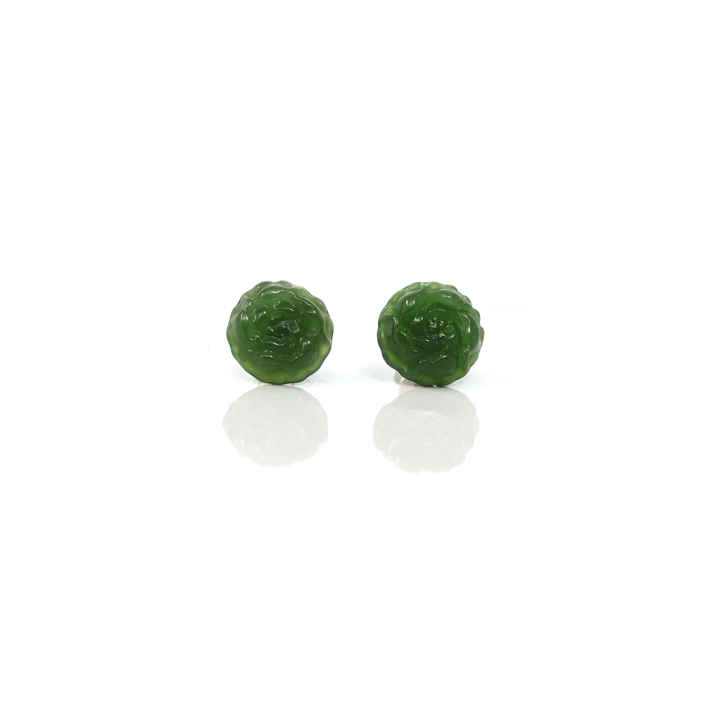 Baikalla™ "Peony Flowers" 14k Solid Gold Real Green Jade Peony Flower Earrings