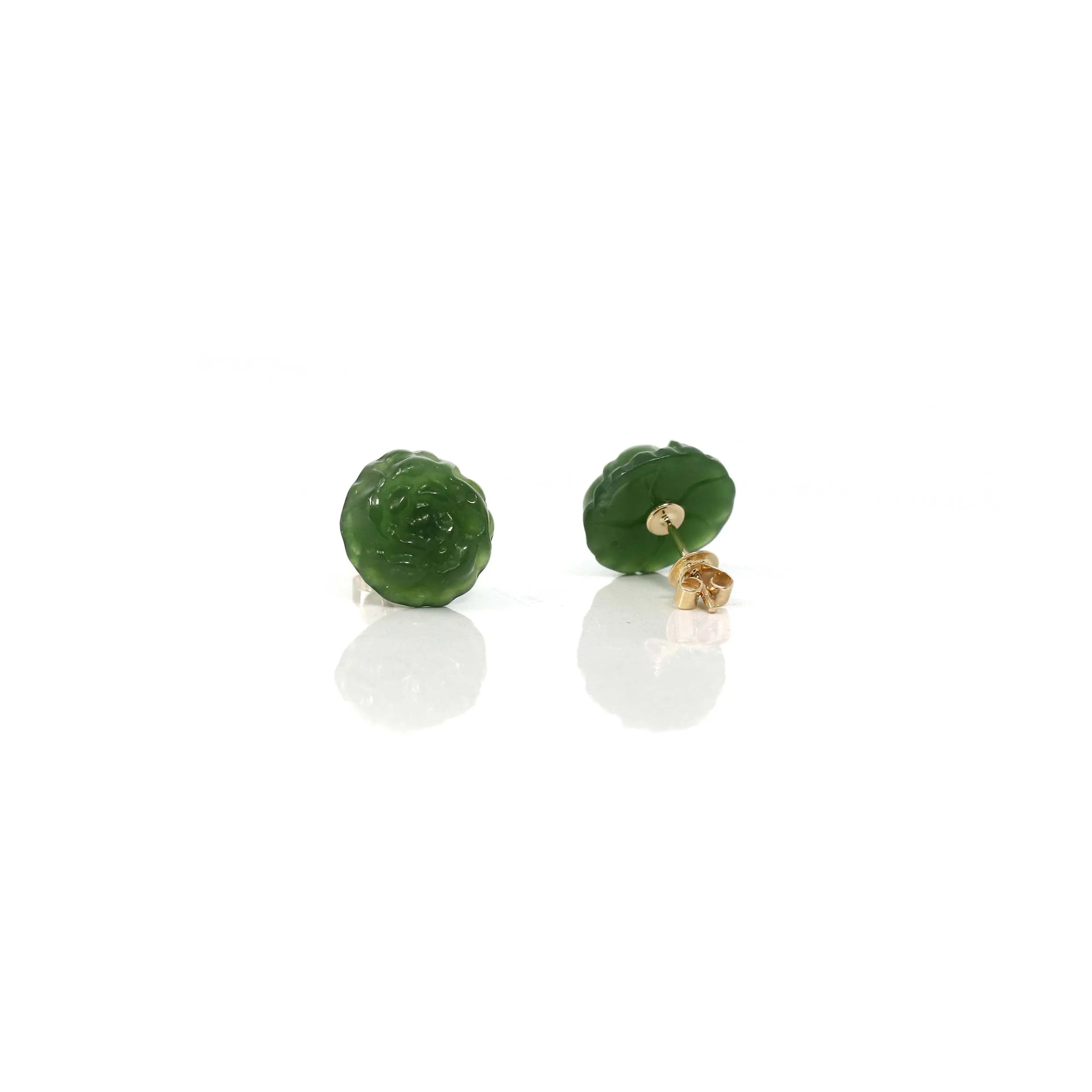 Baikalla™ "Peony Flowers" 14k Solid Gold Real Green Jade Peony Flower Earrings