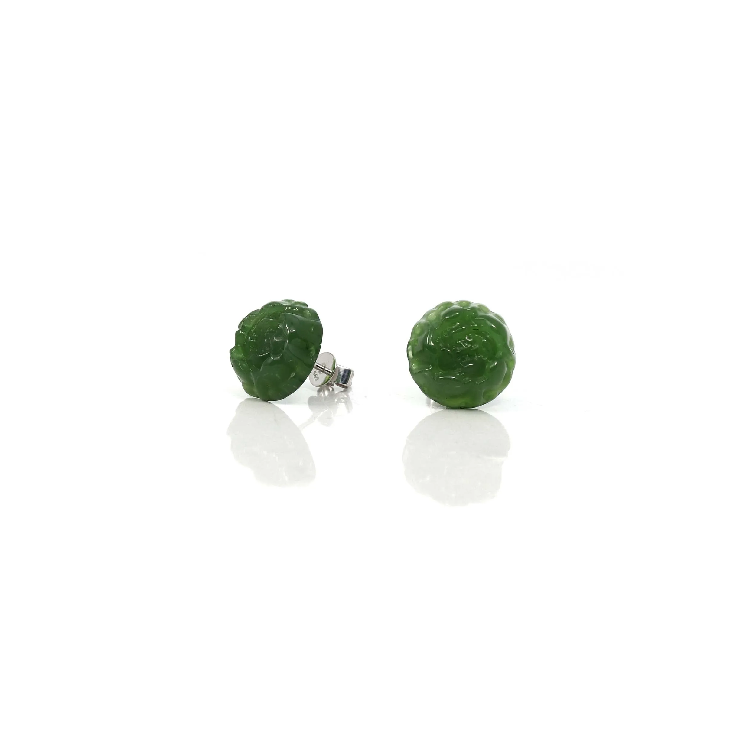 Baikalla™ "Peony Flowers" 14k Solid Gold Real Green Jade Peony Flower Earrings