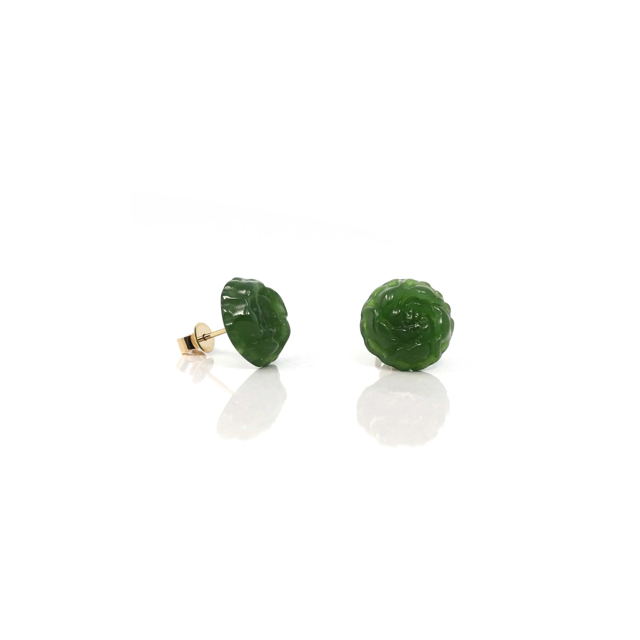 Baikalla™ "Peony Flowers" 14k Solid Gold Real Green Jade Peony Flower Earrings