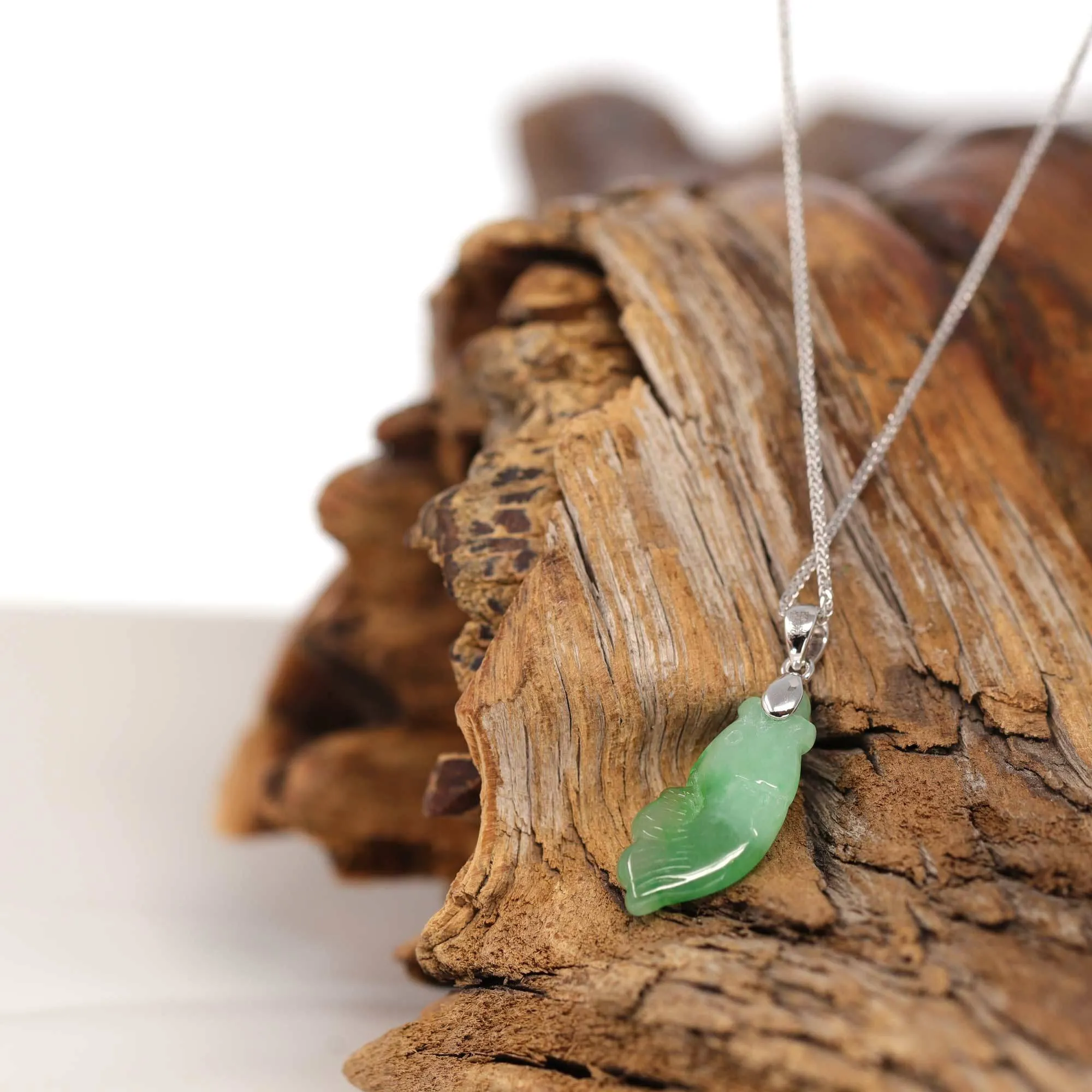 Baikalla "Prosperity Every Year (年年有鱼)" Lucky Fish Carving Pendant Necklace Natural Jadeite Jade JG160