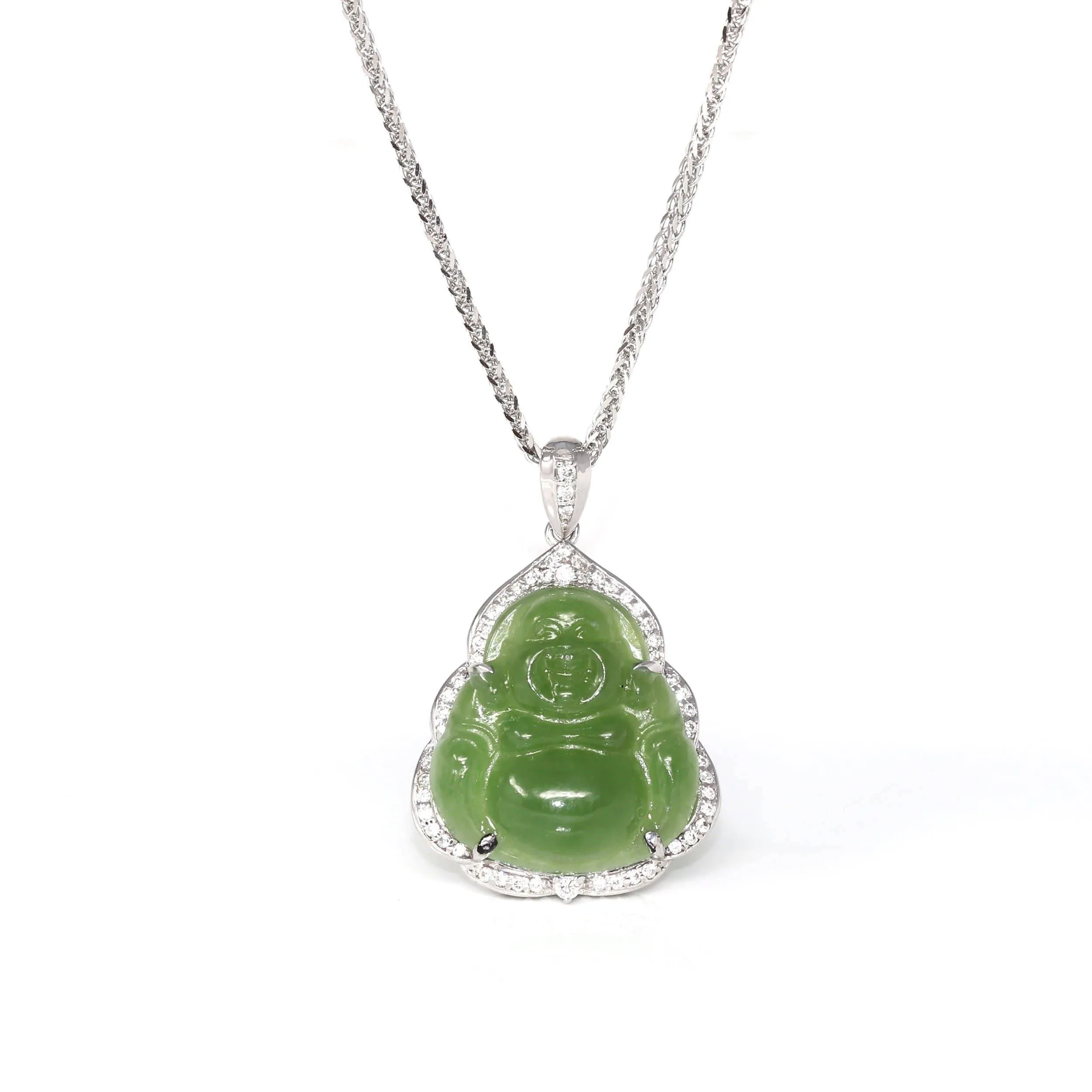 Baikalla™ Sterling Silver Genuine Nephrite Green Jade Small Buddha Pendant Necklace