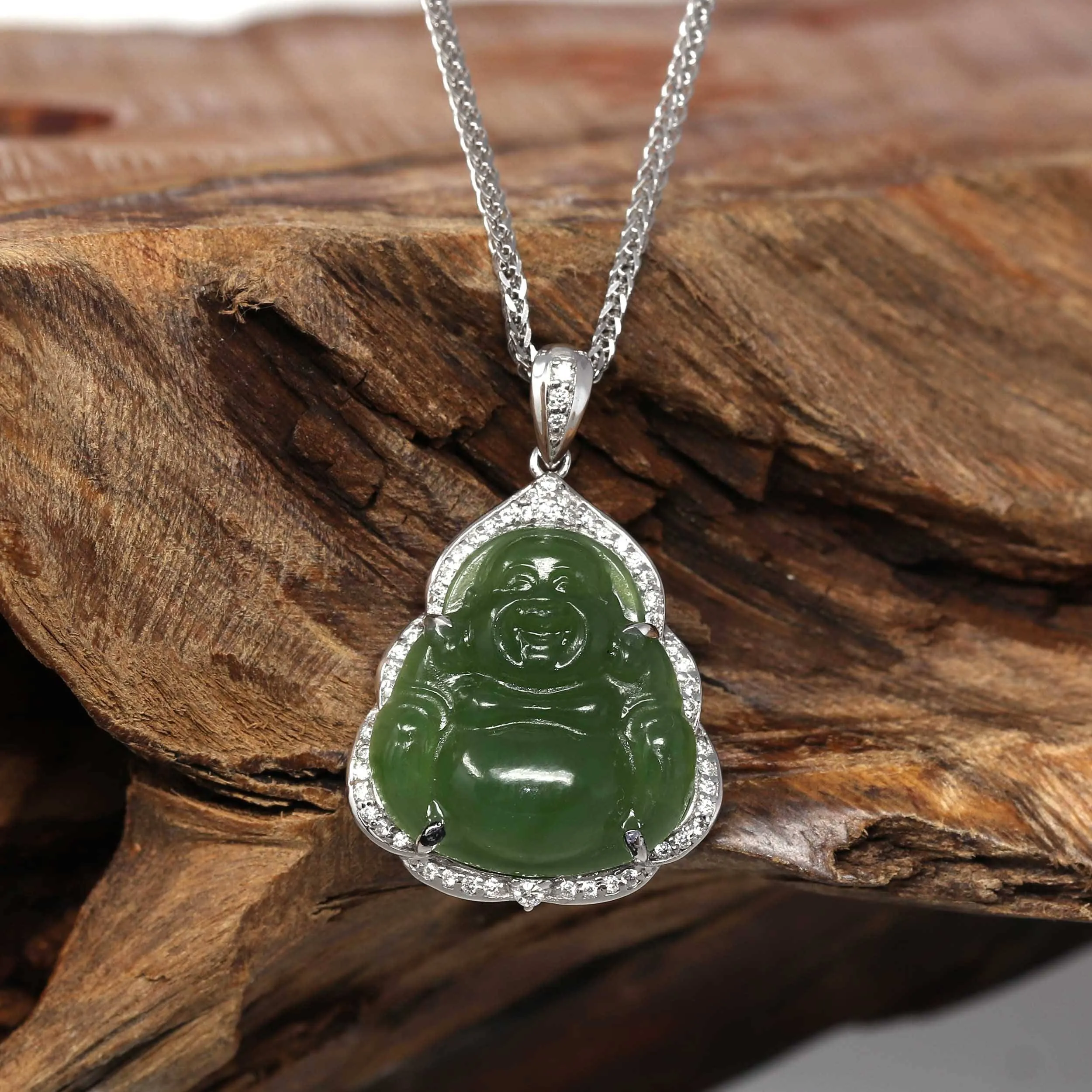 Baikalla™ Sterling Silver Genuine Nephrite Green Jade Small Buddha Pendant Necklace