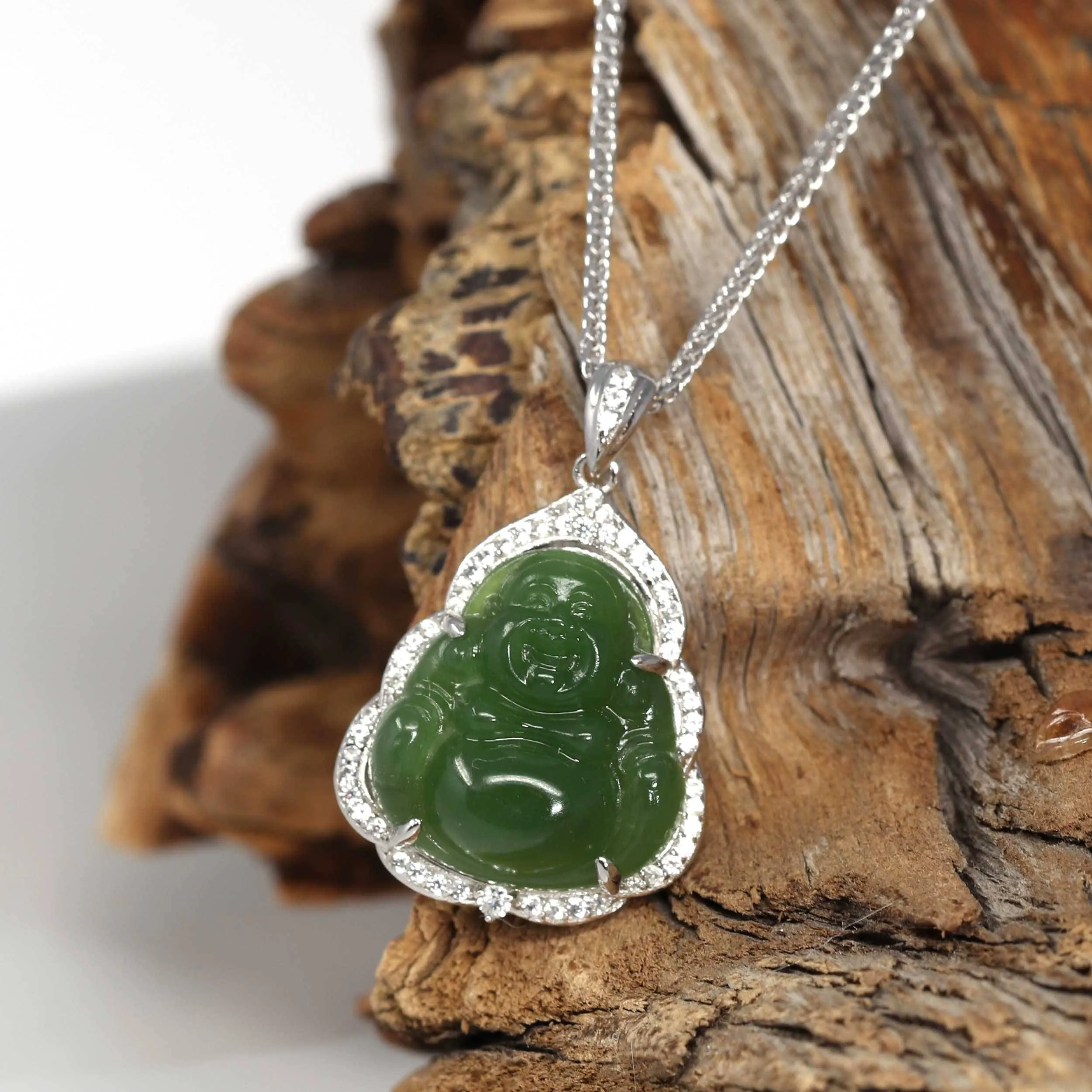 Baikalla™ Sterling Silver Genuine Nephrite Green Jade Small Buddha Pendant Necklace