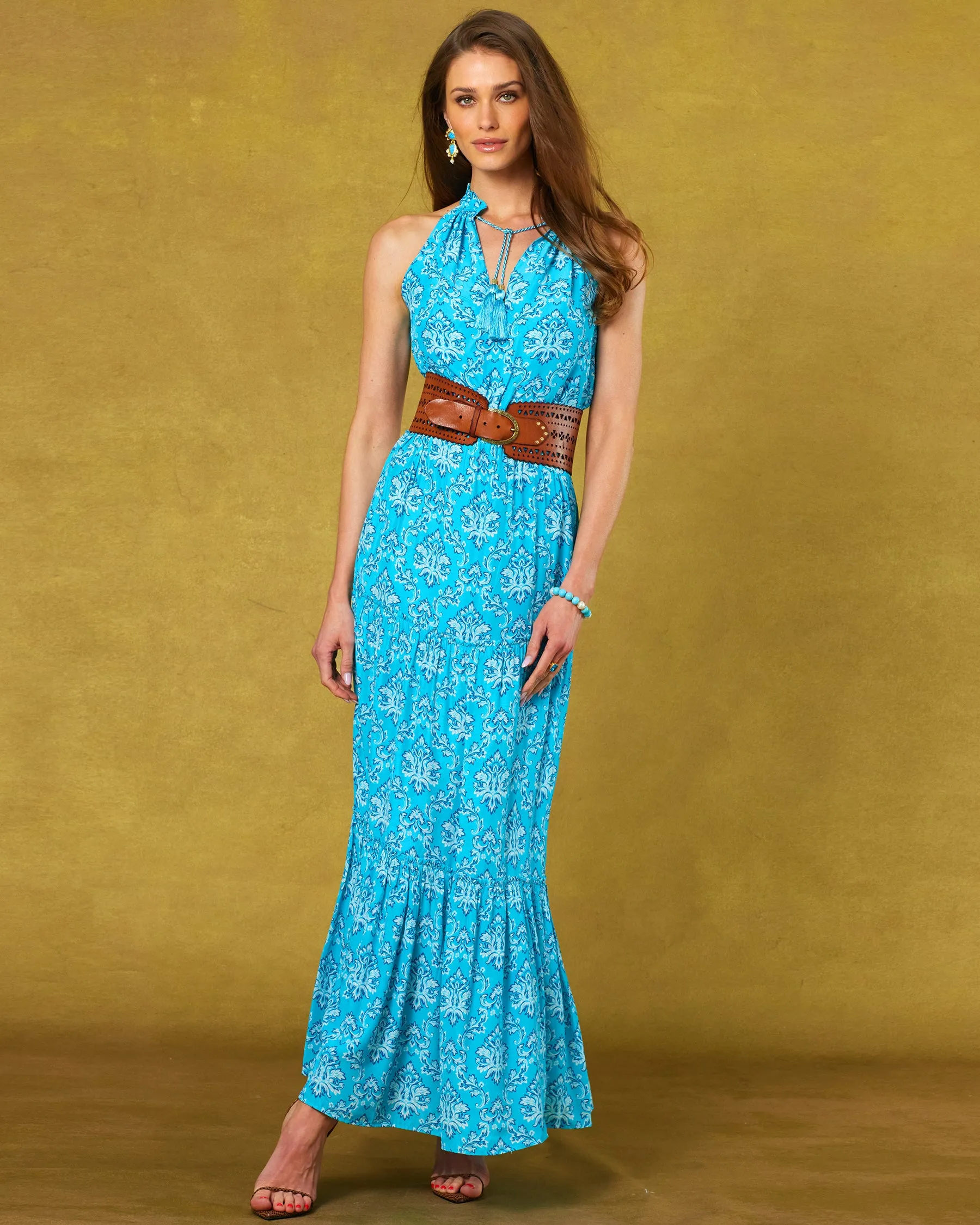 Bailey Halterneck Maxi Dress in Turquoise Baroque Florals