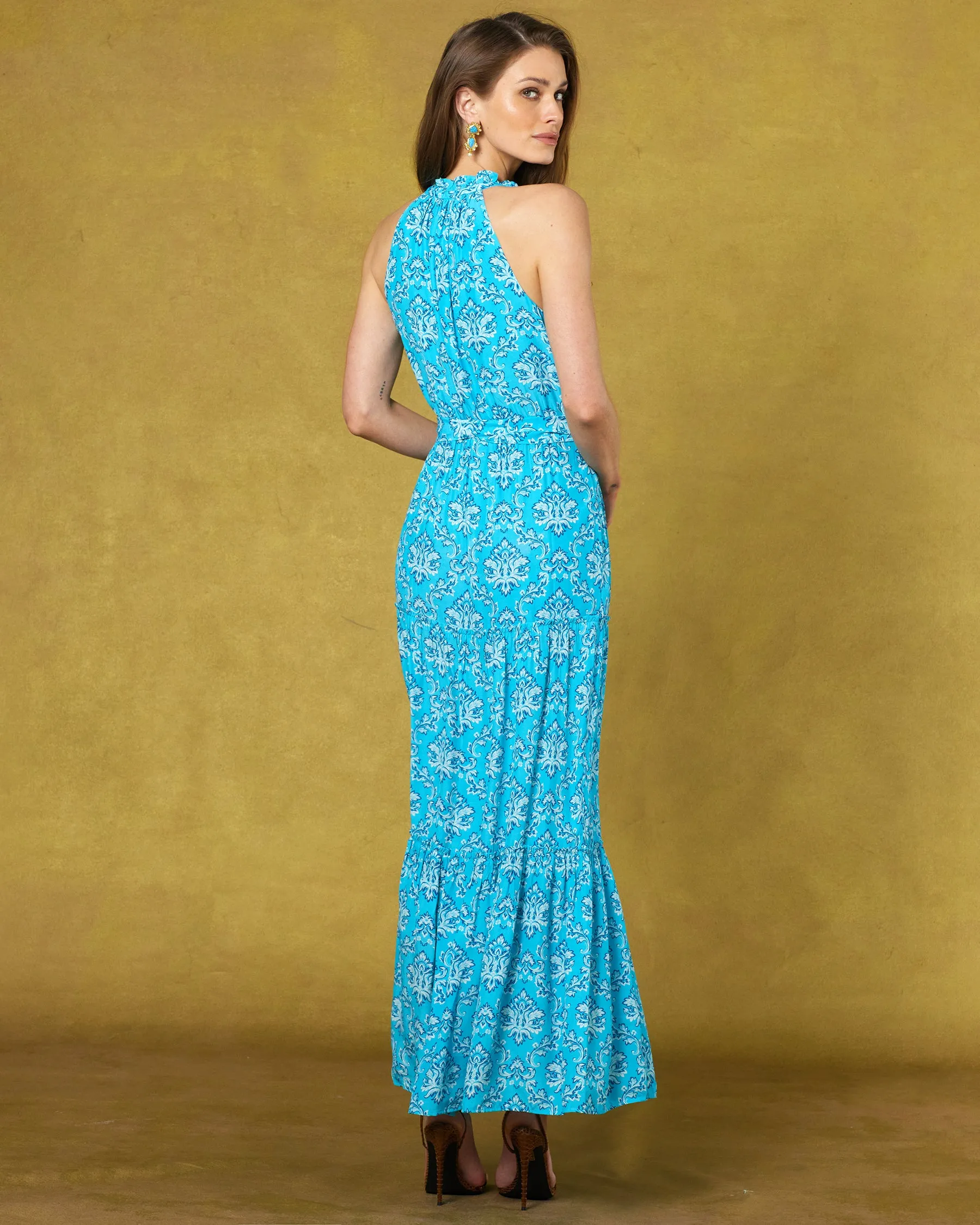 Bailey Halterneck Maxi Dress in Turquoise Baroque Florals