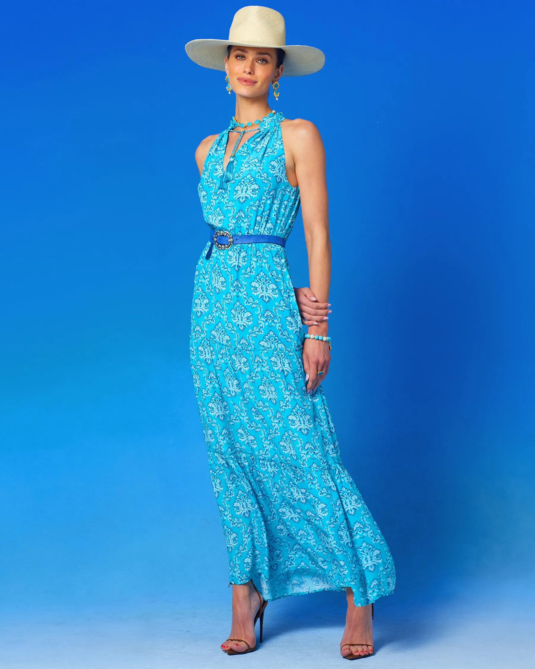 Bailey Halterneck Maxi Dress in Turquoise Baroque Florals