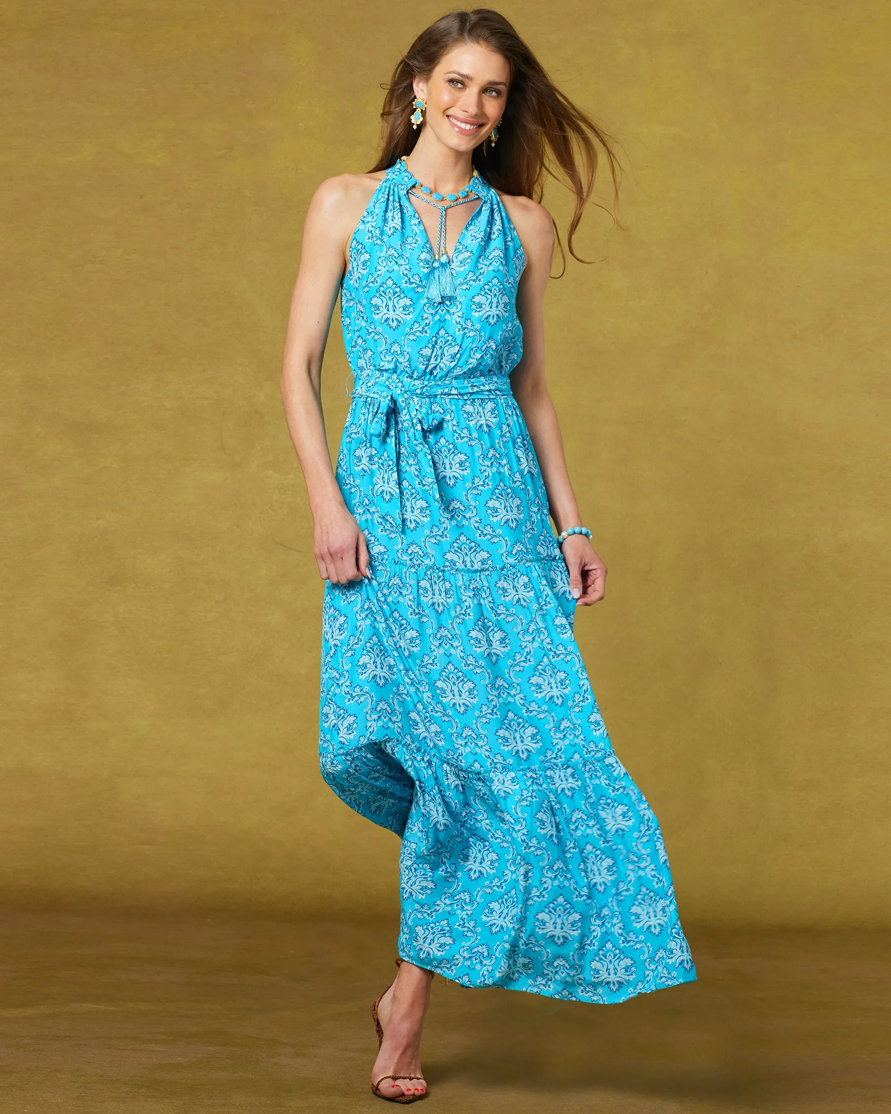 Bailey Halterneck Maxi Dress in Turquoise Baroque Florals