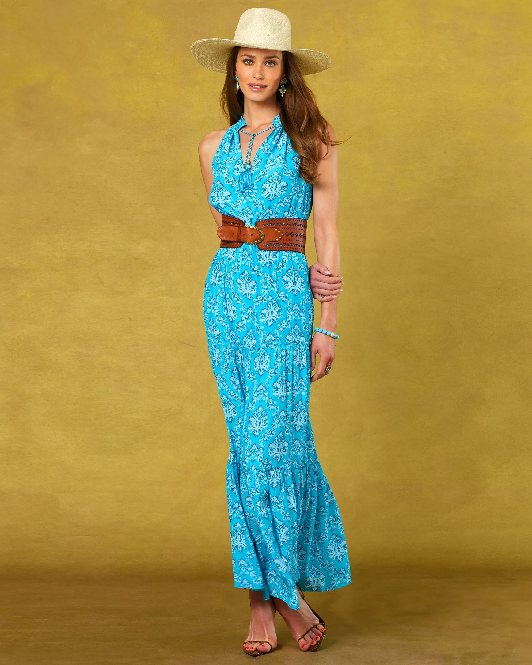 Bailey Halterneck Maxi Dress in Turquoise Baroque Florals