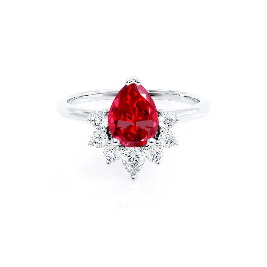 BALLET - Chatham® Pear Ruby & Diamond Half Halo Tiara Ring Platinum 950