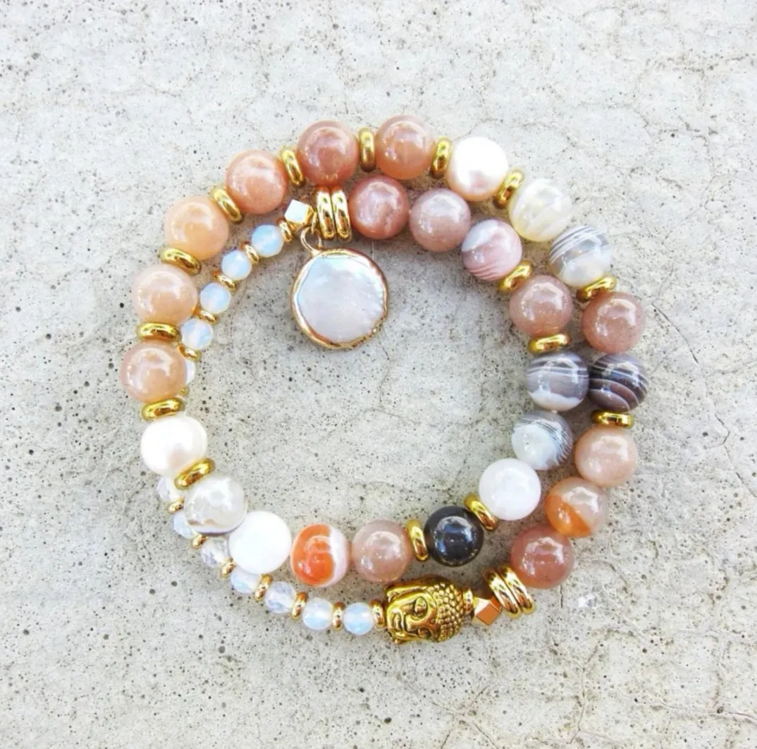 Baroque Pearl, Botswana Lace Agate, Sunstone, Moonstone Mala Bracelet in 27 Beads