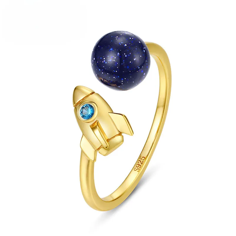 Blue Sandstone Planet Blue Zircon Rocket Opening Sterling Silver Ring