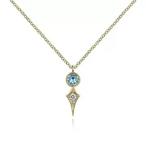 Blue Topaz and Diamond Bezel Set Spiked Kite Pendant Necklace in Yellow Gold