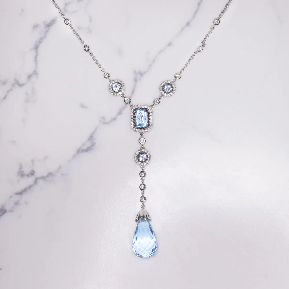 BLUE TOPAZ DIAMOND LARIAT NECKLACE 14k WHITE GOLD BRIOLETTE DROP HALO NATURAL