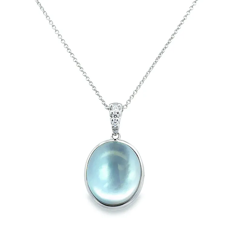 Blue Topaz, Mother of Pearl and Diamond Necklace, 14Kt