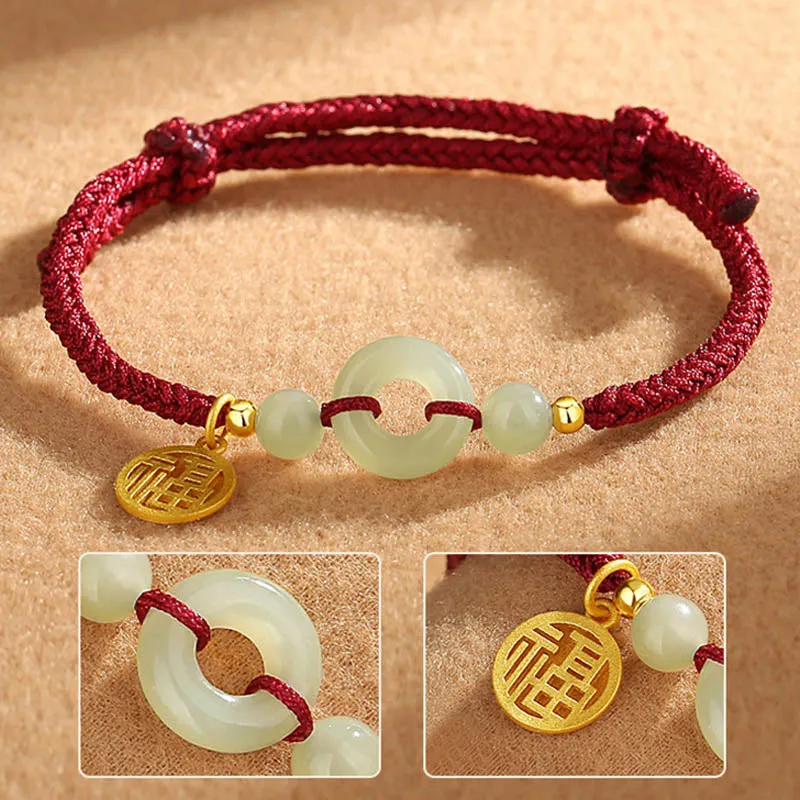 Buddha Stones 925 Sterling Silver Hetian Jade Peace Buckle Fu Character Charm Abundance Bracelet