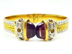 Burdick Amethyst & Citrine Two-Tone Hinged Bangle Weave Cuff Bracelet 14k Gold