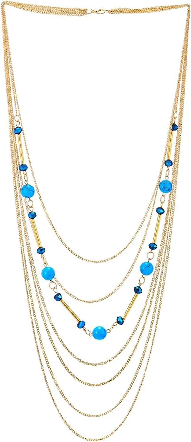 COOLSTEELANDBEYOND Gold Statement Necklace Multi-Strand Waterfall Long Chains, Blue Crystal, Synthetic Turquoise Bead