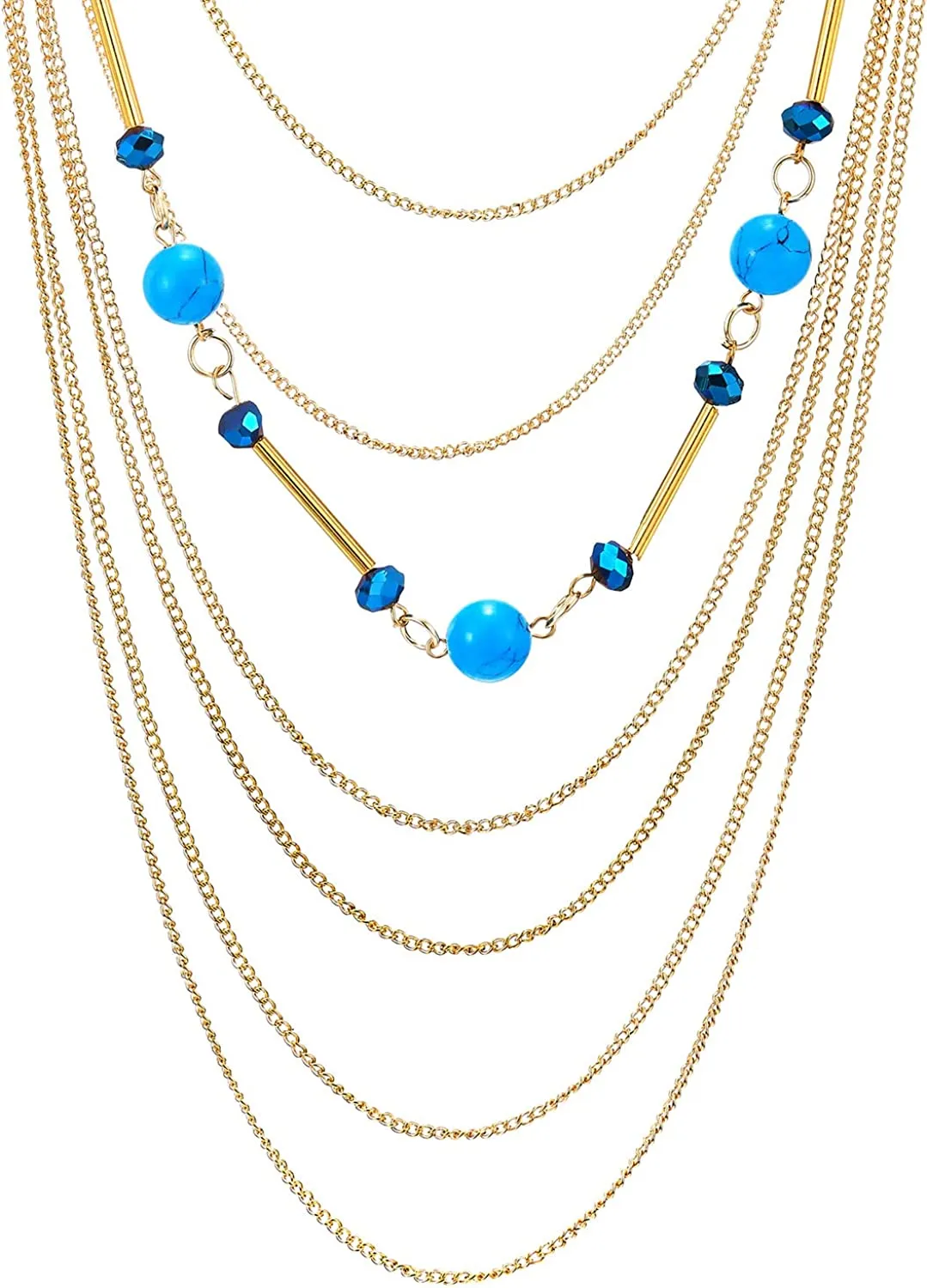 COOLSTEELANDBEYOND Gold Statement Necklace Multi-Strand Waterfall Long Chains, Blue Crystal, Synthetic Turquoise Bead