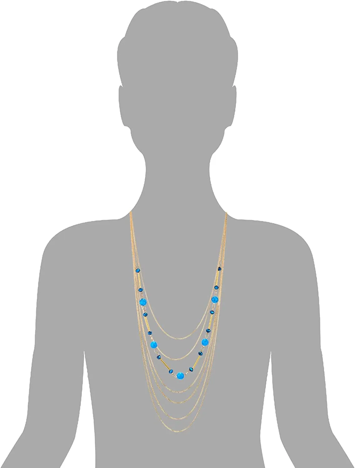 COOLSTEELANDBEYOND Gold Statement Necklace Multi-Strand Waterfall Long Chains, Blue Crystal, Synthetic Turquoise Bead